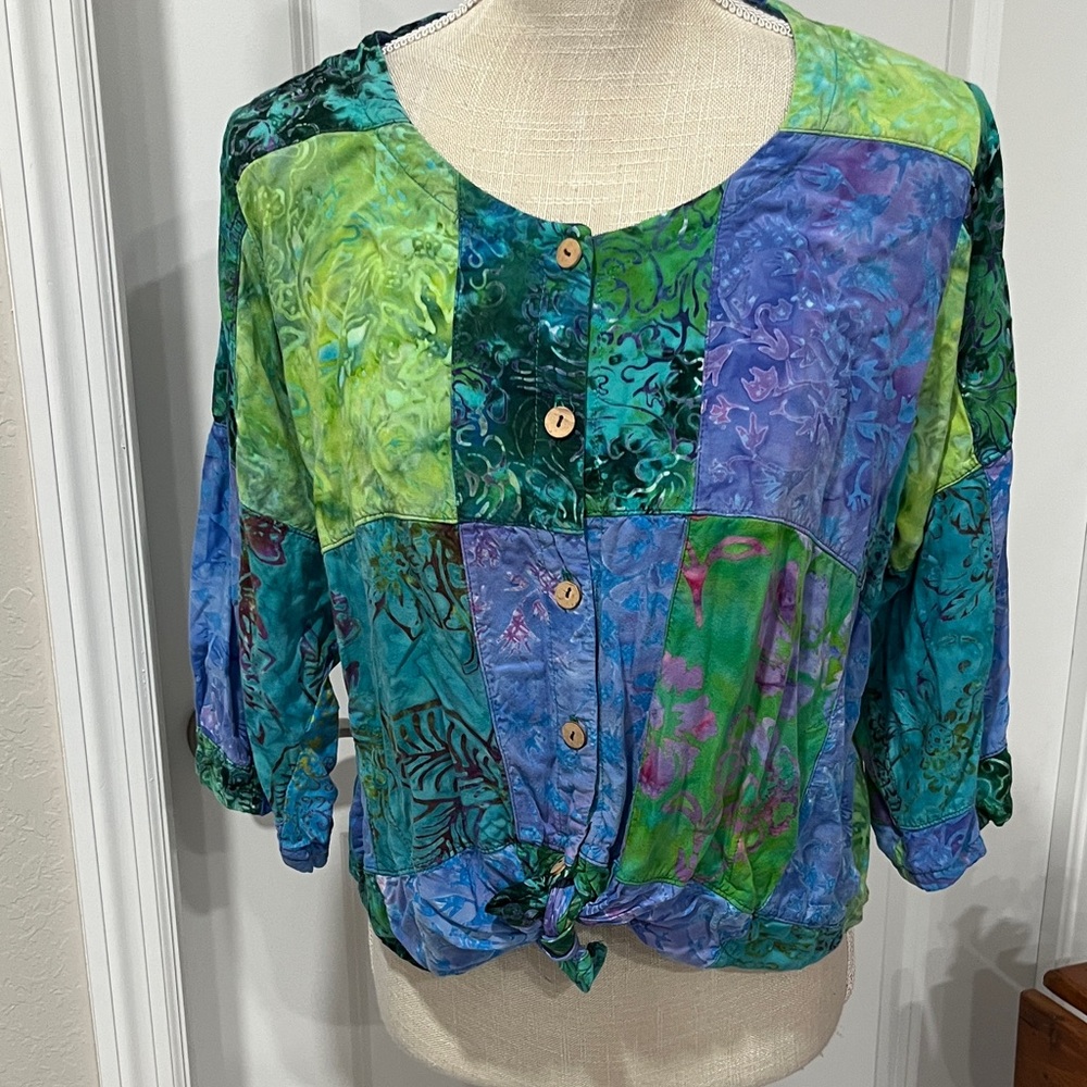 Vibrant Patchwork Button-Up Tie Front Batik Blous… - image 1